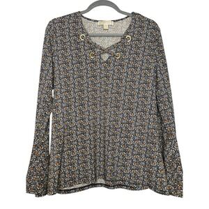 Michael Kors Woman's Size Med Tunic Stretch V-neck Bell Sleeve Floral Brown